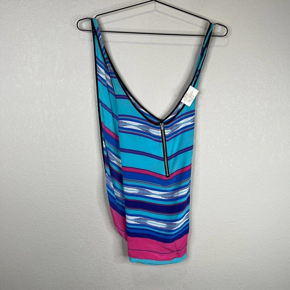 Yumi Kim Womens Tank Top Size Large Blue Striped Silk Zip Front Criss-Cross Back